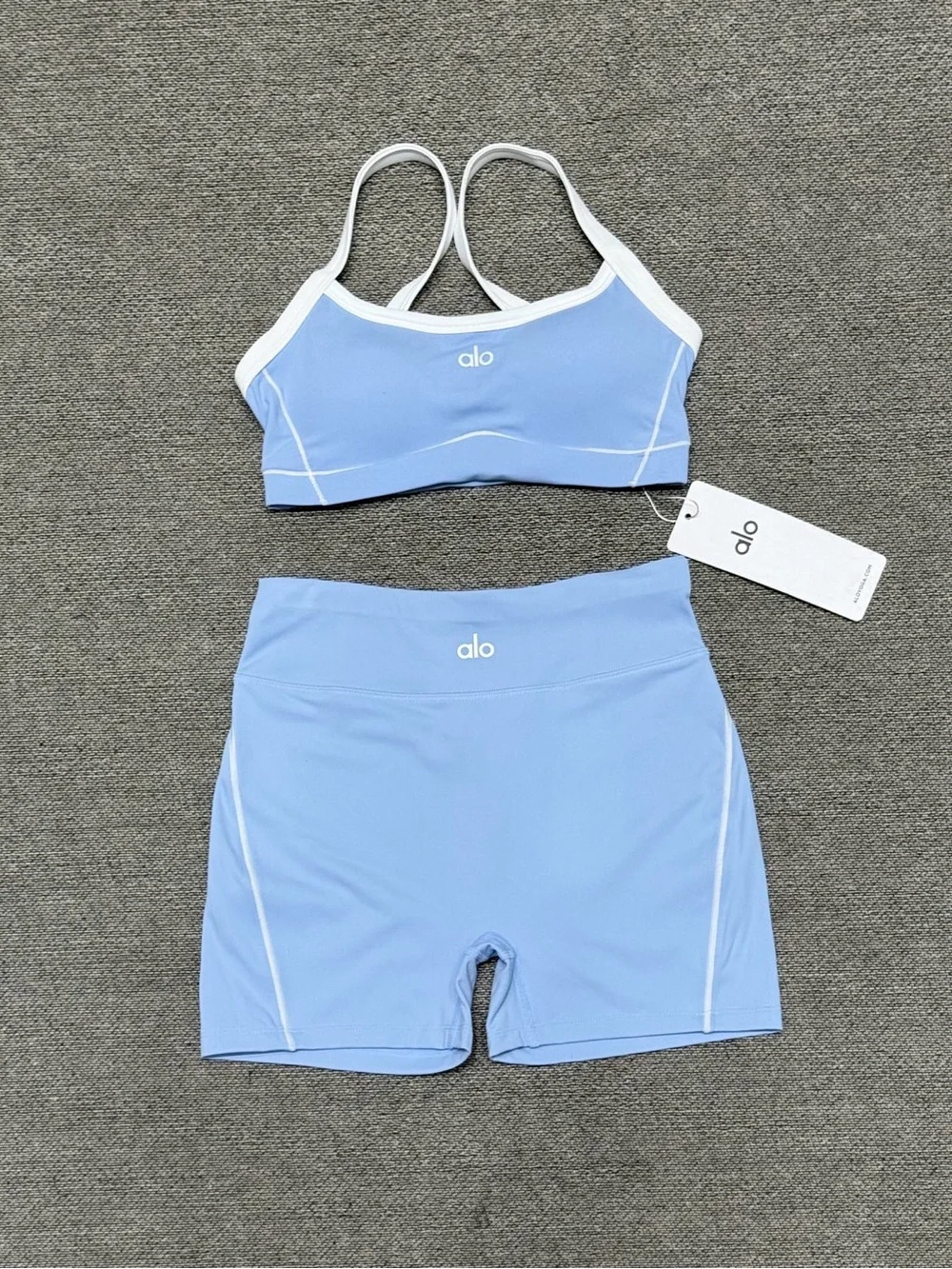 ALO Yoga Light Blue & White Sports Bra and Bike Shorts Set
